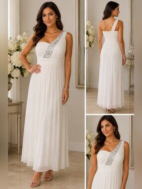 City Triangles White One Shoulder Rhinestone Formal Gown Size Large Elegant Maxi